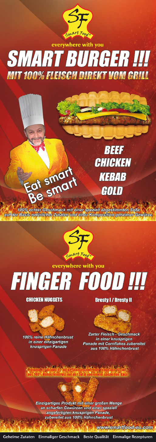 Werbebanner Smart Burger und Finger Food mit Kochmaskottchen