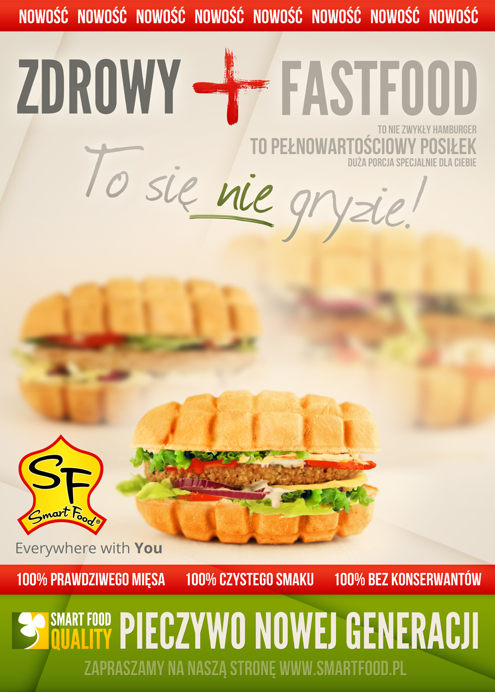 Smart Food Werbebanner mit Waffel-Bun-Burger und polnischen Slogans