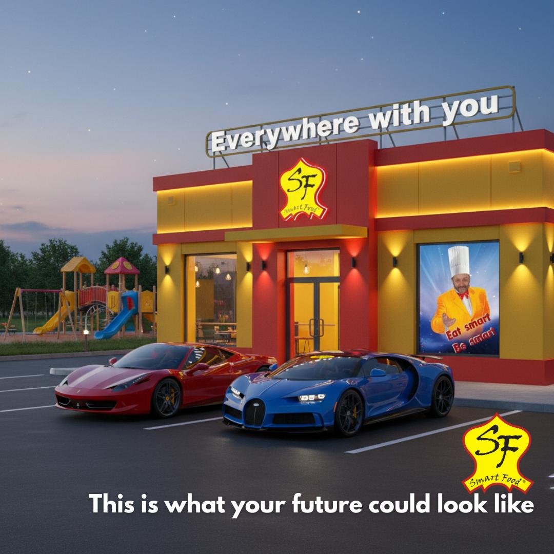 Smart Food Restaurant Abendstimmung mit Luxusautos