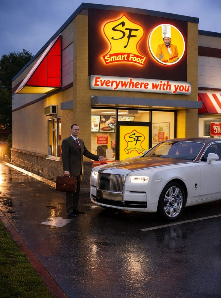 Erfolgreiche Zukunft mit SF Smart Food - Rolls Royce vor dem Restaurant am Abend