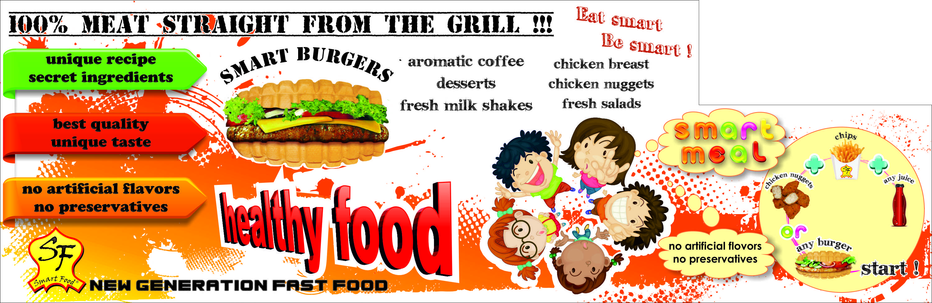 Smart Food Vision Poster mit Burger Kindern und Qualitätsversprechen