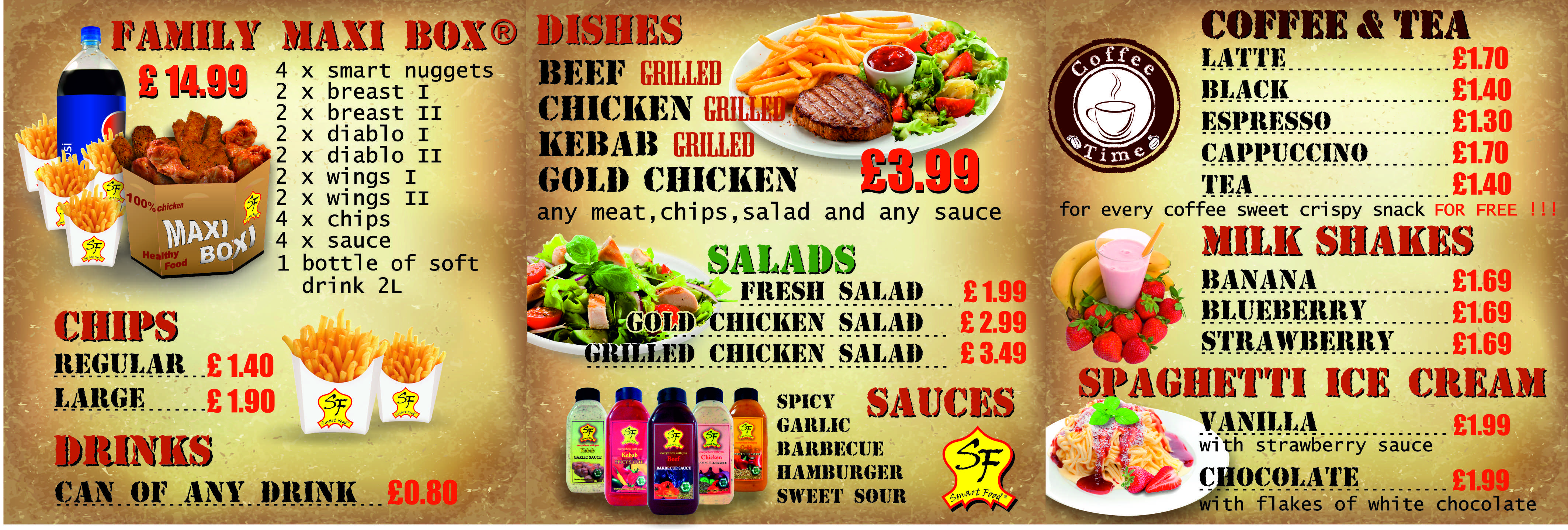 Smart Food Menütafel mit Family Maxi Box und Getränken