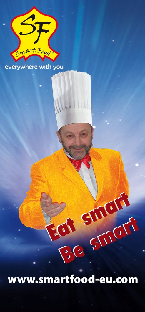 Roll-up mit Smart Food Kochmaskottchen und Slogan Eat smart Be smart